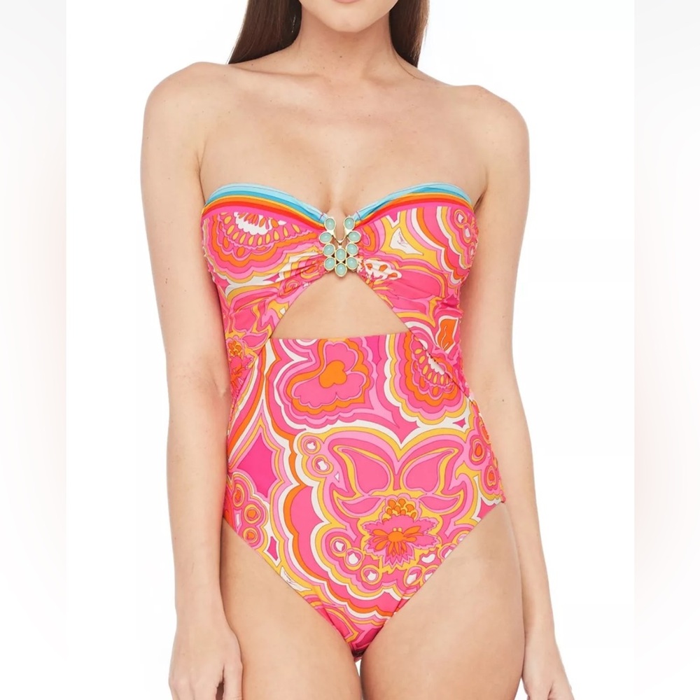 Trina Turk One Piece Swimsuit Size 10 NWOT Multicolor Cut Out in Front